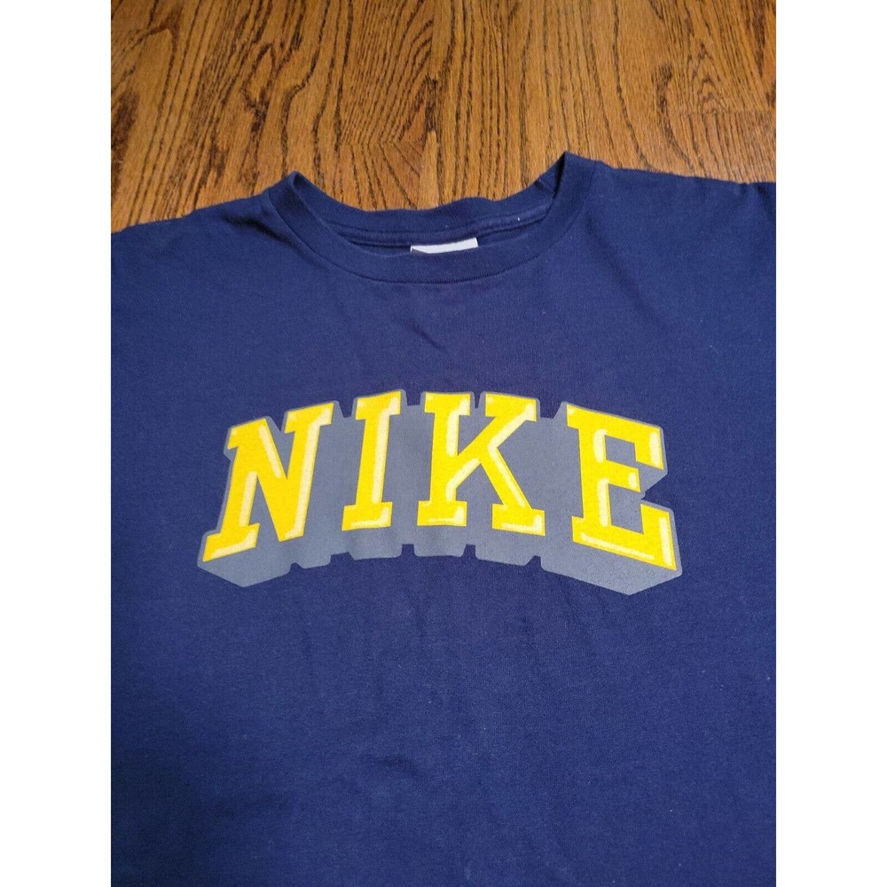 Nike Shirt Large Navy Blue Logo Tee Crew Neck T Shirt Regular Yellow Logo - Picture 2 of 10
